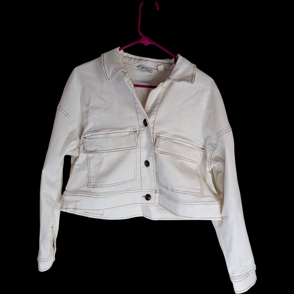 Peace Love World Denim Cropped Jacket Women Small White Sand Contrast Stitch GC2